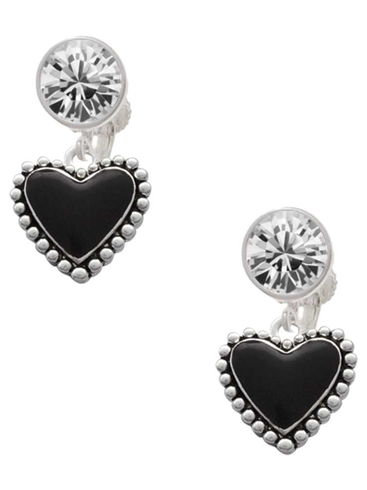 Silvertone Black Heart with Beaded Border Clear Crystal Clip On Earrings