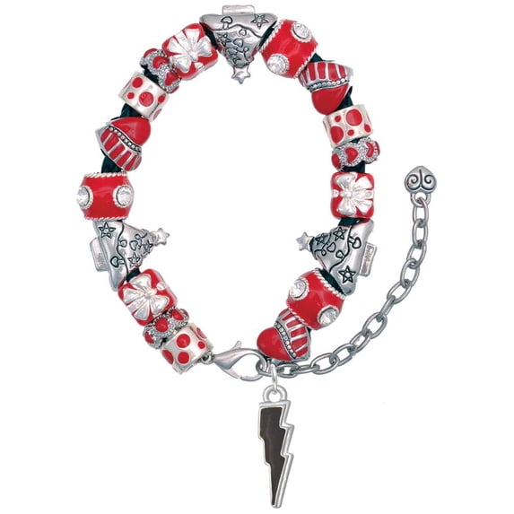 Silvertone Black Lightning Bolt Red Christmas Bead Bracelet