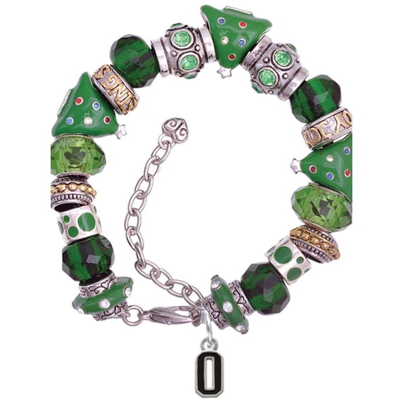 Silvertone Black Number - 0 Green Christmas Bead Bracelet