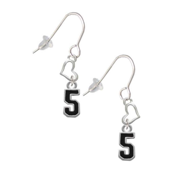 Silvertone Black Number - 5 Heart French Earrings