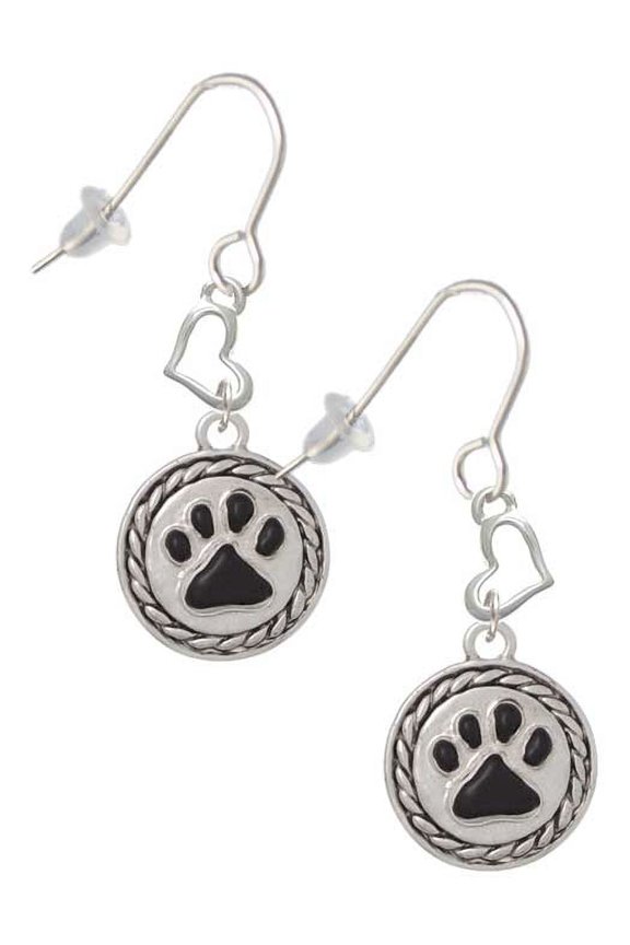 Silvertone Black Paw in Rope Border Heart French Earrings