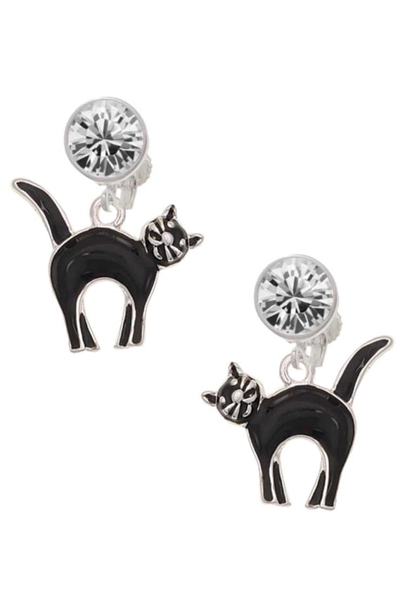 Silvertone Black Standing Cat Clear Crystal Clip On Earrings