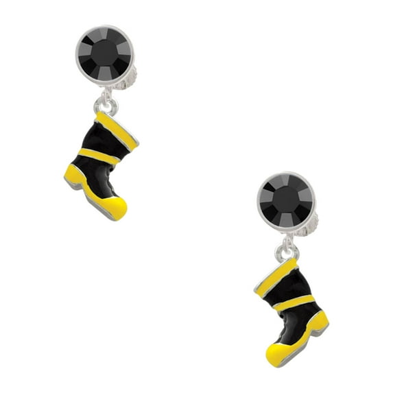 Delight Jewelry Silvertone Black and Yellow Firefighter Boot Black Crystal Clip on Earrings