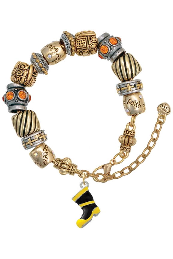Silvertone Black and Yellow Firefighter Boot Two Tone Christian Bead Bracelet