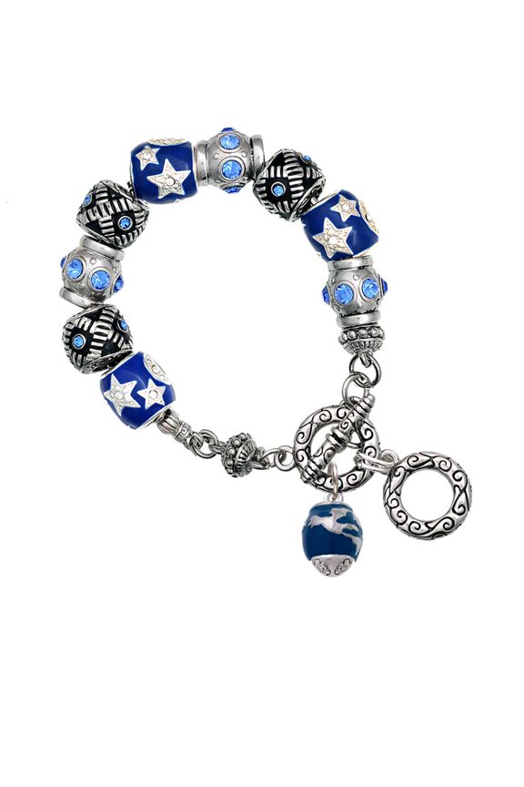Silvertone Blue Enamel World Globe Spinner Blue Moon Bead Charm Bracelet