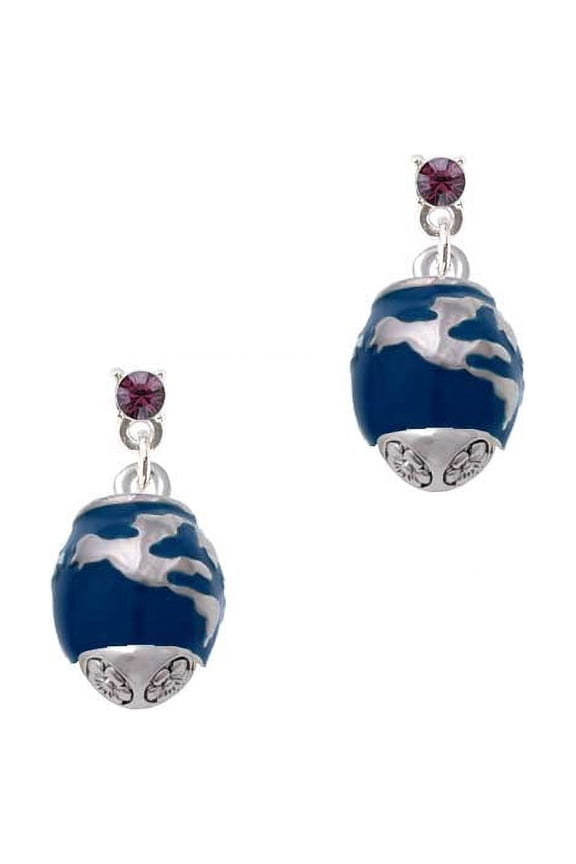 Silvertone Blue Enamel World Globe Spinner Purple Crystal Post Earrings