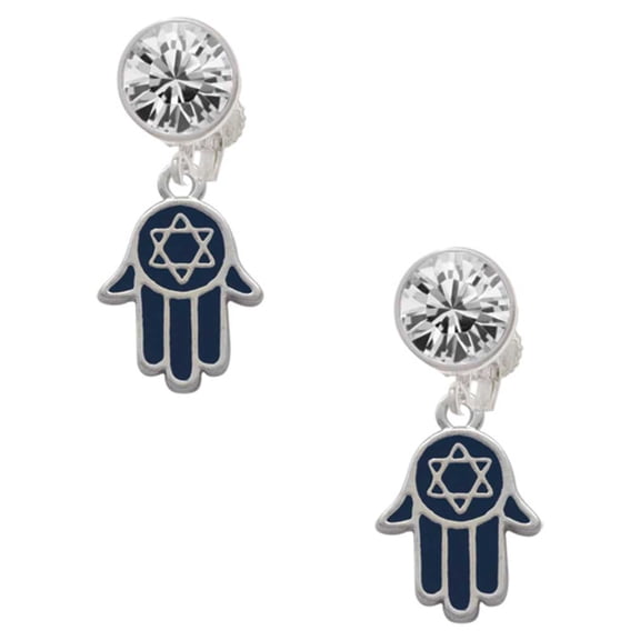 Silvertone Blue Hamsa Hand with Star of David Clear Crystal Clip On Earrings