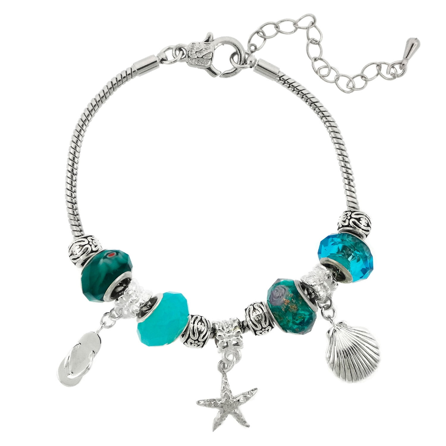 Silvertone Blue Mix Glass Beads  Bracelet and Extender, 7.5"