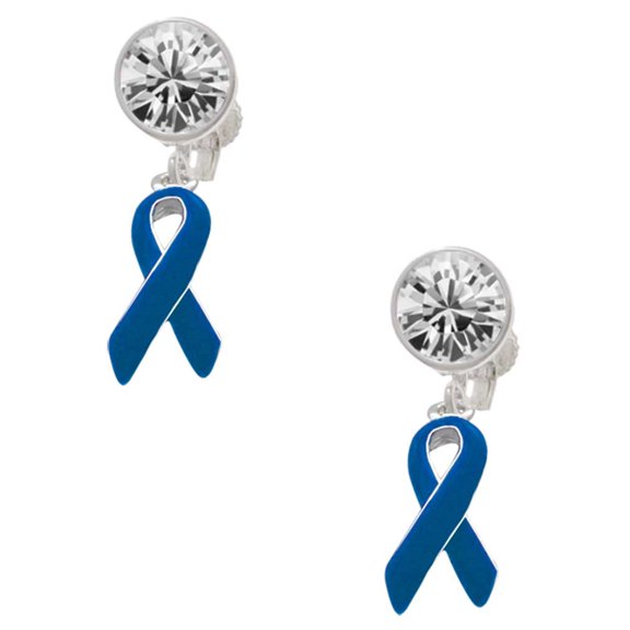 Silvertone Blue Ribbon Clear Crystal Clip On Earrings