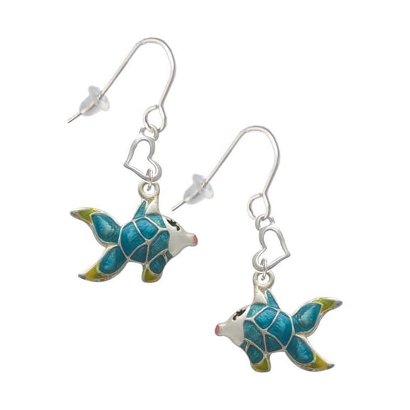 Silvertone Blue Tropical Fish with Yellow Fins Heart French Earrings