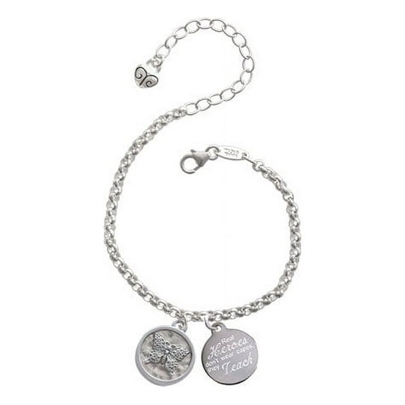 Silvertone Butterfly - Round Seal Real Heroes Don't Wear Capes They Teach Engraved Bracelet