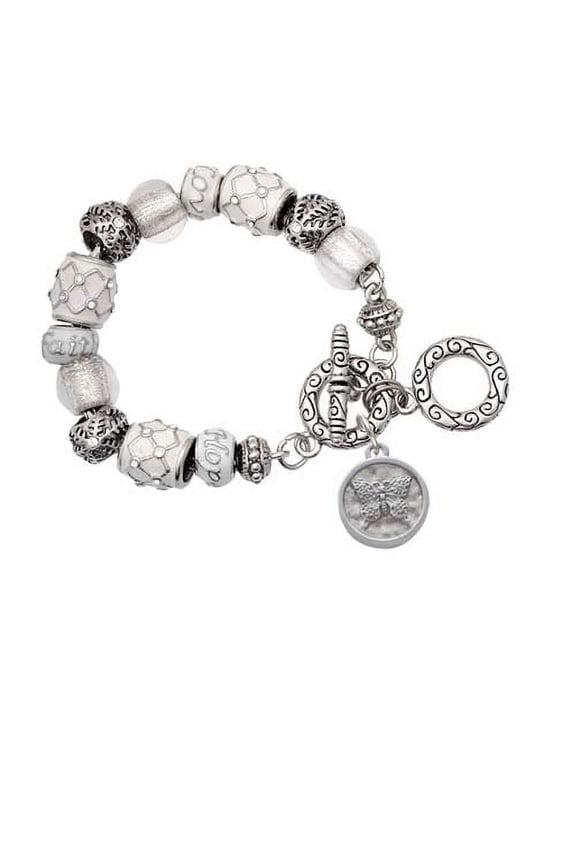 Silvertone Butterfly - Round Seal White Snowflake Bead Charm Bracelet