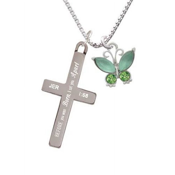 Silvertone Butterfly with Green Wings - I Set You Apart - Cross Necklace