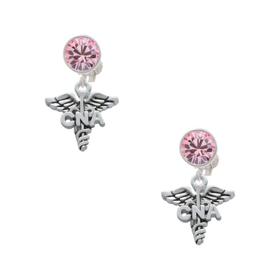 Delight Jewelry Silvertone Caduceus - CNA Pink Crystal Clip on Earrings
