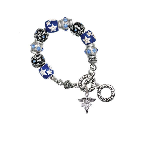 Silvertone Caduceus - DA Blue Moon Bead Charm Bracelet