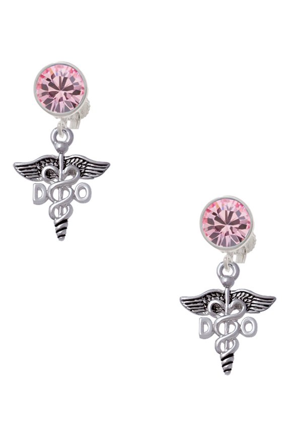 Silvertone Caduceus - DO Pink Crystal Clip on Earrings