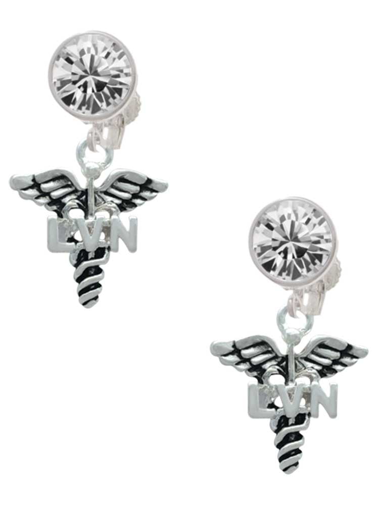 Silvertone Caduceus - LVN Clear Crystal Clip On Earrings
