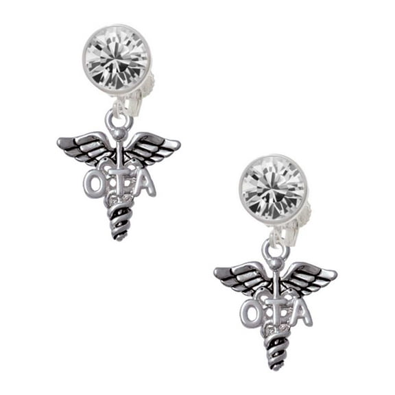 Silvertone Caduceus - OTA Clear Crystal Clip On Earrings