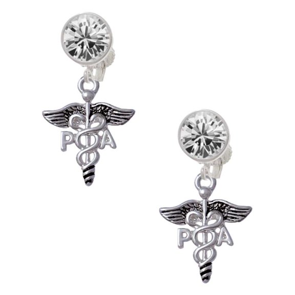 Silvertone Caduceus - PA Clear Crystal Clip On Earrings
