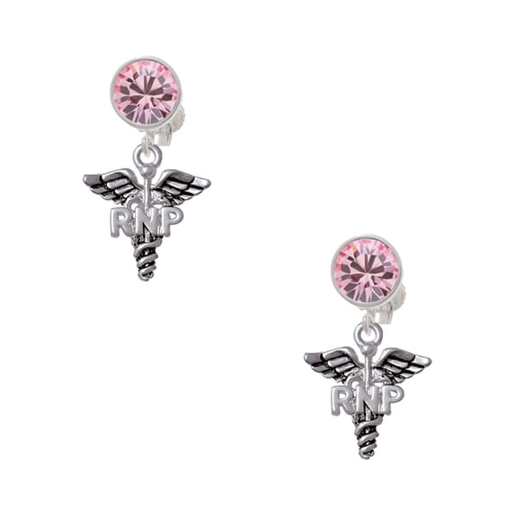 Delight Jewelry Silvertone Caduceus - RNP Pink Crystal Clip on Earrings
