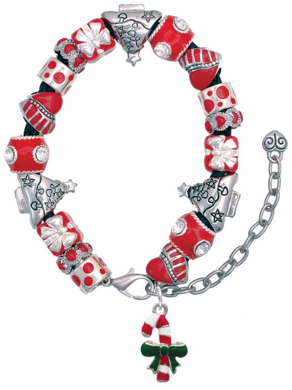 Silvertone Candy Cane with Green Bow Red Christmas Bead Bracelet