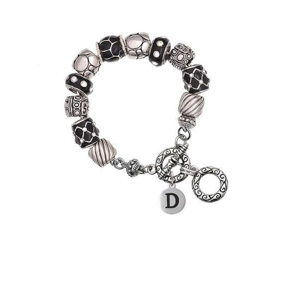 Silvertone Capital Letter - D - Pebble Disc - Black Pebble Bead Charm Bracelet