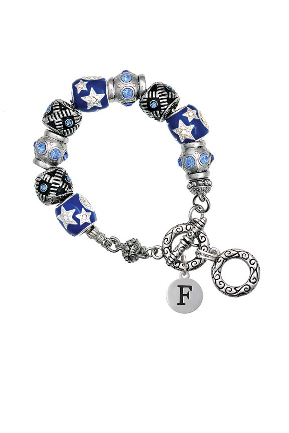 Silvertone Capital Letter - F - Pebble Disc - Blue Moon Bead Charm Bracelet