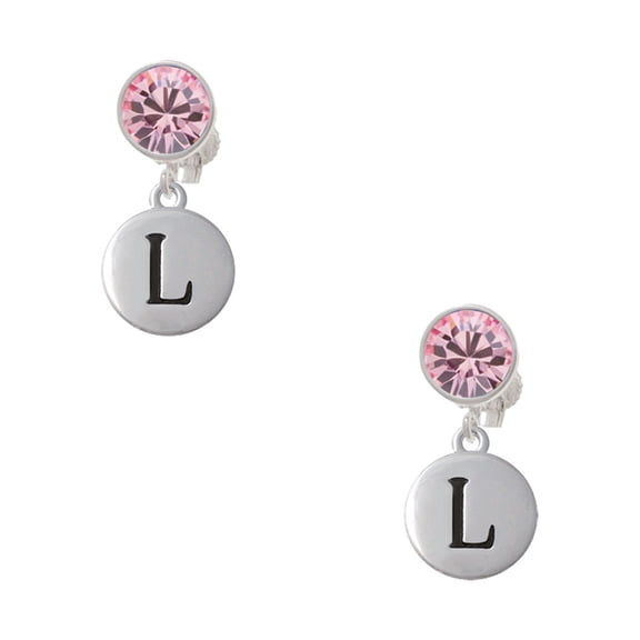 Delight Jewelry Silvertone Capital Letter - L - Pebble Disc - Pink Crystal Clip on Earrings
