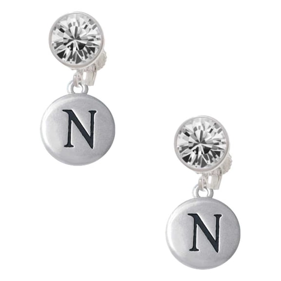 Silvertone Capital Letter - N - Pebble Disc - Clear Crystal Clip On Earrings