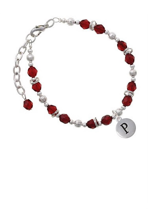 Silvertone Capital Letter - P - Pebble Disc - Maroon Beaded Bracelet