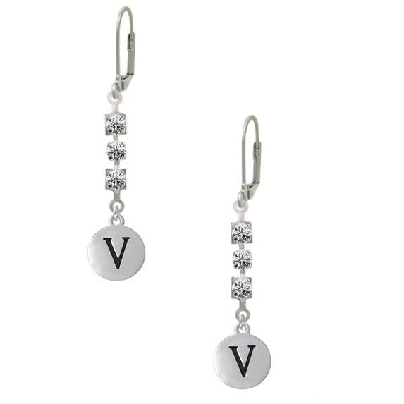 Silvertone Capital Letter - V - Pebble Disc - Crystal Madison Leverback Earrings