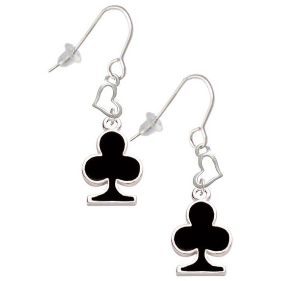 Silvertone Card Suit - Black Club Heart French Earrings