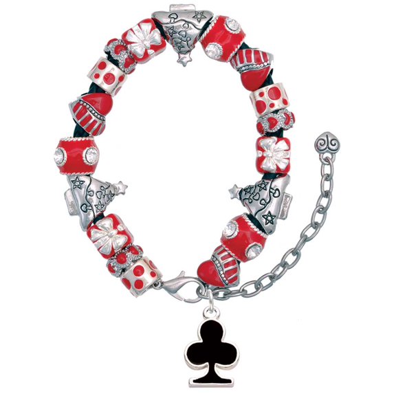 Silvertone Card Suit - Black Club Red Christmas Bead Bracelet
