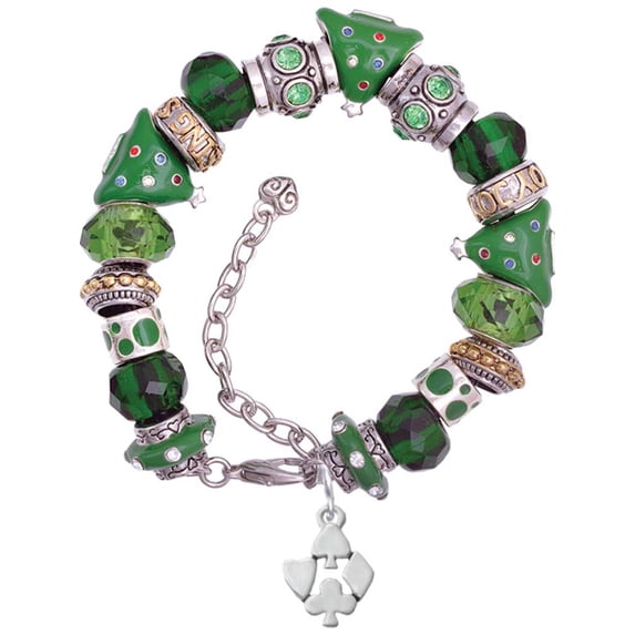 Silvertone Card Suits Green Christmas Bead Bracelet