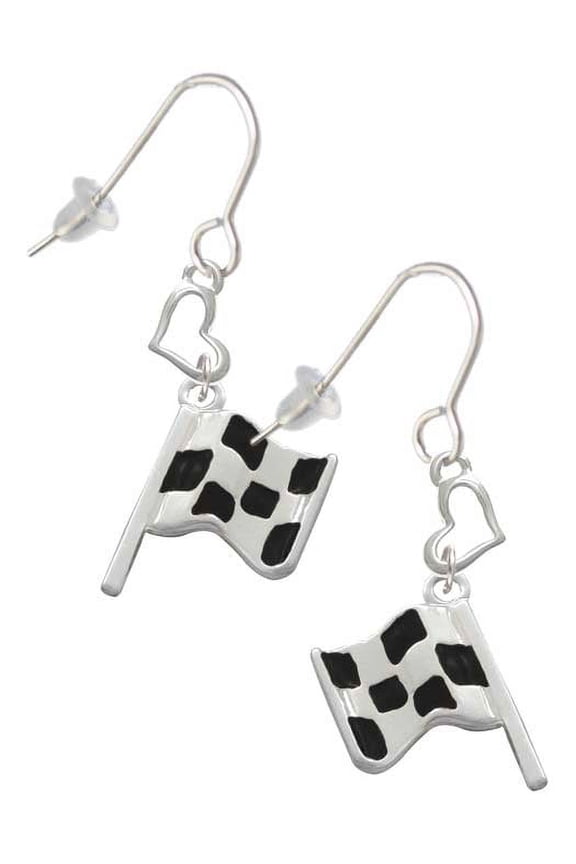 Silvertone Checkered Race Flag Heart French Earrings