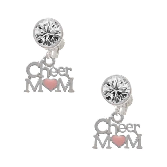 Silvertone Cheer Mom with Pink Heart Clear Crystal Clip On Earrings