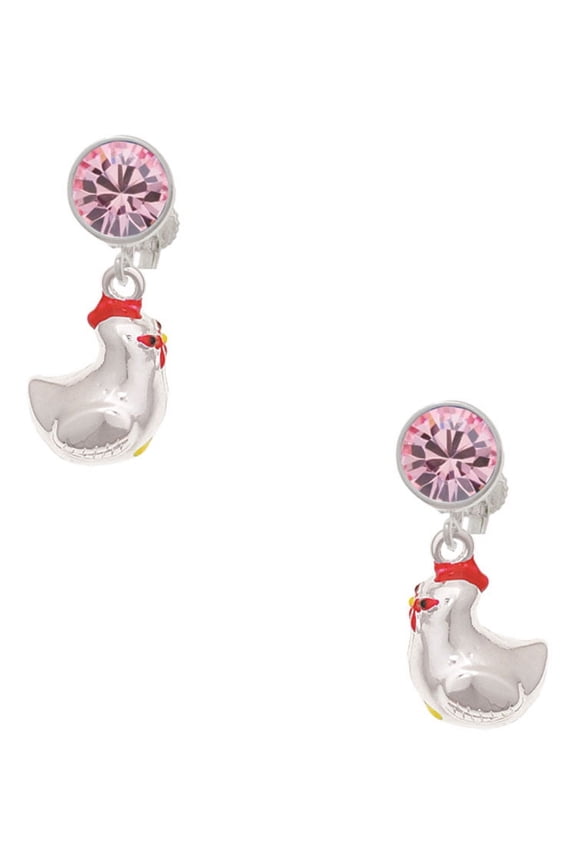 Silvertone Chicken 3-D Pink Crystal Clip on Earrings