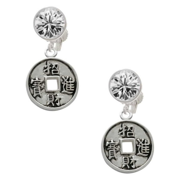 Silvertone Chinese Coin Clear Crystal Clip On Earrings
