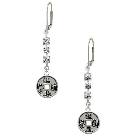 Silvertone Chinese Coin Crystal Madison Leverback Earrings