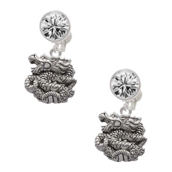 Silvertone Chinese Dragon Clear Crystal Clip On Earrings