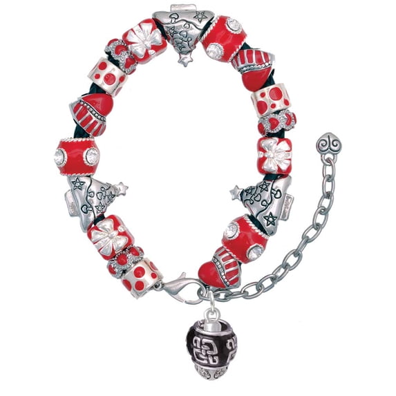 Silvertone Chinese Pattern on Black - Goldtone Spinners Red Christmas Bead Bracelet