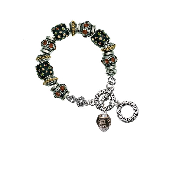 Silvertone Chinese Pattern on Black Spinners Fall Crystal Bead Charm Bracelet
