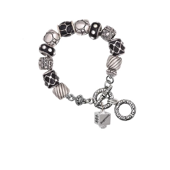 Silvertone Chinese Symbol Happiness Square Spinner Black Pebble Bead Charm Bracelet