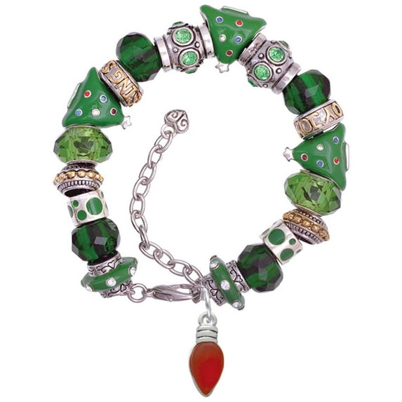 Silvertone Christmas Lights - Red Resin Green Christmas Bead Bracelet