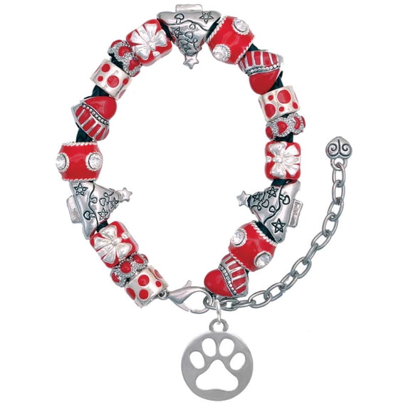 Silvertone Circle with Cut Out Paw Red Christmas Bead Bracelet
