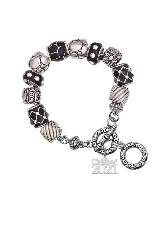Silvertone Class of 2021 Black Pebble Bead Charm Bracelet