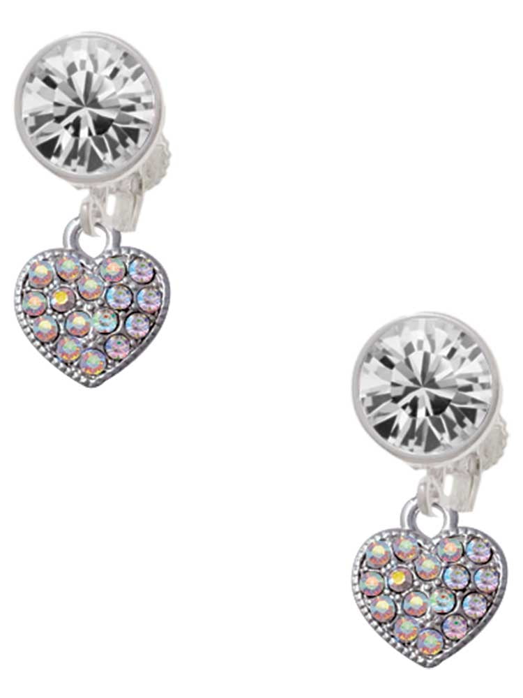 Silvertone Clear AB Crystal Heart Clear Crystal Clip On Earrings