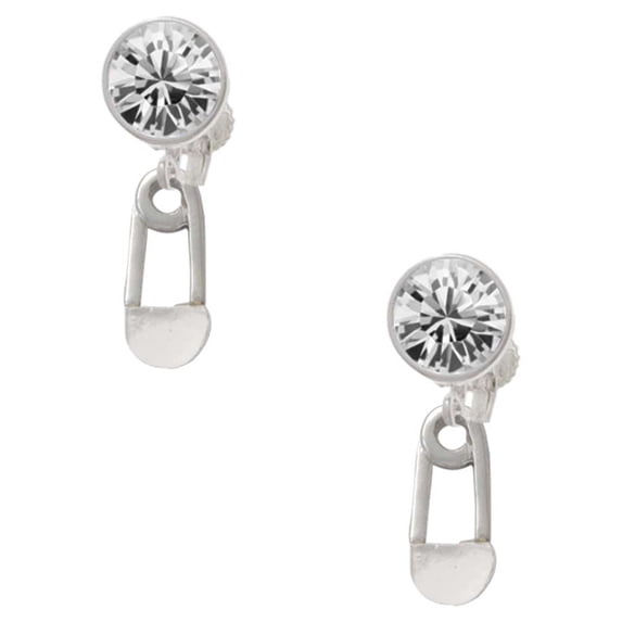 Silvertone Clear Frosted Baby Safety Pin Clear Crystal Clip On Earrings