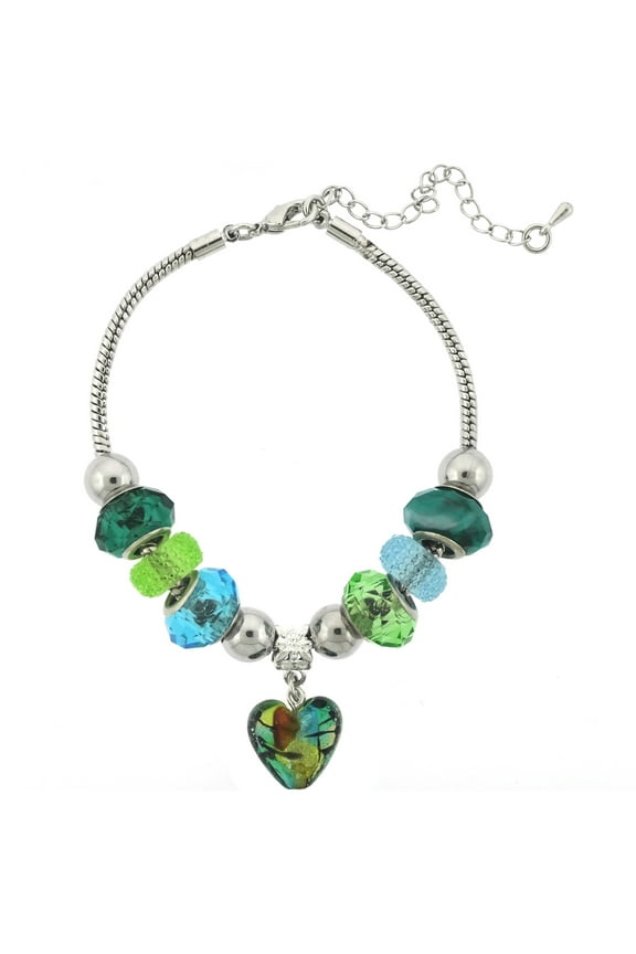 Silvertone Clear, Green Mix Glass Beads and Love Heart Bracelet and Extender, 7.5"