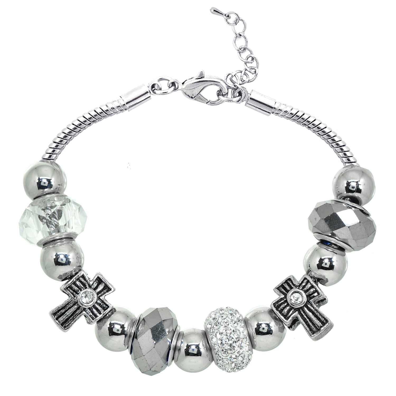 Silvertone Clear Mix Glass Beads Bracelet and Extender, 7.5"
